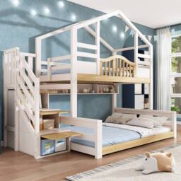 STILVORA Bed Frame 3ft Single with storage white & natural - Size: Junior - thumbnail 3