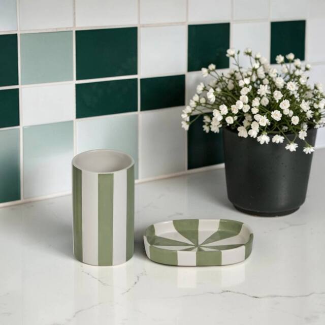 Showerdrape Pier Green & White Striped Bathroom Accessory Set- Soap Dish & Tumbler - image 1