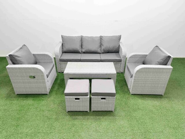 Fimous PE Rattan Garden Furniture Set Reclining Chair Sofa Lounge Sofa Set Rectangular Coffee Table 2 Small Stools Light Grey - image 1