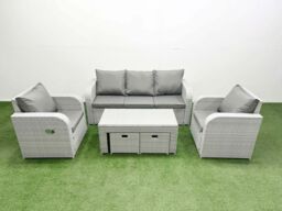 Fimous PE Rattan Garden Furniture Set Reclining Chair Sofa Lounge Sofa Set Rectangular Coffee Table 2 Small Stools Light Grey - thumbnail 2