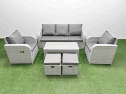 Fimous PE Rattan Garden Furniture Set Reclining Chair Sofa Lounge Sofa Set Rectangular Coffee Table 2 Small Stools Light Grey - thumbnail 1