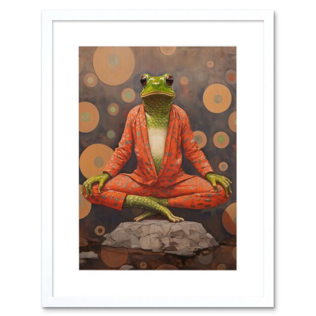 Artery8 Wall Art Print The Enlightened Frog Meditation Yogi Conceptual Artwork Green Coral Pink Yoga Mindfulness Artwork Framed 9X7 Inch - image 1