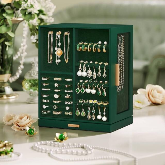 SONGMICS Rotating Jewellery Box with Glass Display & 5 Drawers in Bottle Green - image 1