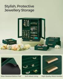 SONGMICS Rotating Jewellery Box with Glass Display & 5 Drawers in Bottle Green - thumbnail 4