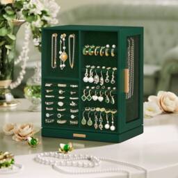 SONGMICS Rotating Jewellery Box with Glass Display & 5 Drawers in Bottle Green - thumbnail 1