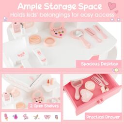 Costway 2-in-1 Kids Vanity Set Pretend Makeup Table & Chair Set w/ Heart-shaped Mirror in White - thumbnail 5