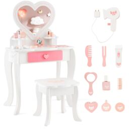 Costway 2-in-1 Kids Vanity Set Pretend Makeup Table & Chair Set w/ Heart-shaped Mirror in White