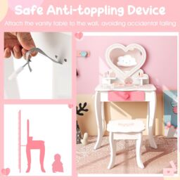Costway 2-in-1 Kids Vanity Set Pretend Makeup Table & Chair Set w/ Heart-shaped Mirror in White - thumbnail 4