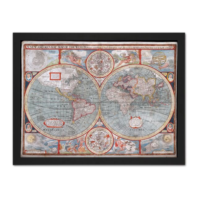 "Artery8 Wall Art Print Speed 1626 Pictorial Map World Hemispheres Large Framed Wall Décor Art in White - Size: W18"" x H24""" - image 1