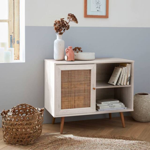sweeek 80cm Scandi-style Storage Cabinet With Wooden & Cane Rattan in White - image 1