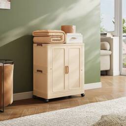 FORGEVIO Wardrobe Storage Cabinet with Wheels Plastic Closet Clothes Rail in Beige - thumbnail 5