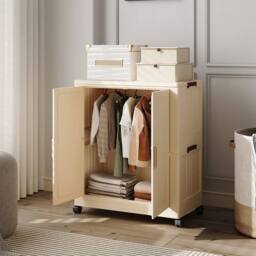 FORGEVIO Wardrobe Storage Cabinet with Wheels Plastic Closet Clothes Rail in Beige - thumbnail 4