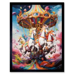 Artery8 Wall Art Print Magical Carousel in Rainbow Clouds Bright Bold Vibrant Fantasy Kids Bedroom Baby Nursery Artwork Art Framed - thumbnail 1