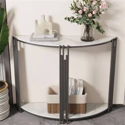 "KORVIXA 40"" Half Moon Marble Console Table Hall Desk w/Shelf Storage in White - Size: 100 cm x 100 cm" - thumbnail 1