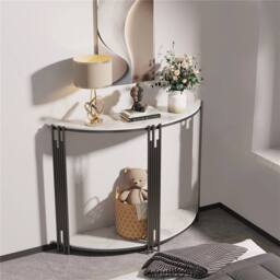 "KORVIXA 40"" Half Moon Marble Console Table Hall Desk w/Shelf Storage in White - Size: 100 cm x 100 cm" - thumbnail 4