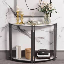"KORVIXA 40"" Half Moon Marble Console Table Hall Desk w/Shelf Storage in White - Size: 100 cm x 100 cm" - thumbnail 3
