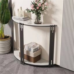 "KORVIXA 40"" Half Moon Marble Console Table Hall Desk w/Shelf Storage in White - Size: 100 cm x 100 cm" - thumbnail 5