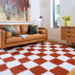 Kukoon Terracotta Beige Shaggy Checkerboard Checked Living Room Area Rug - Size: 80 cm x 150 cm - thumbnail 1