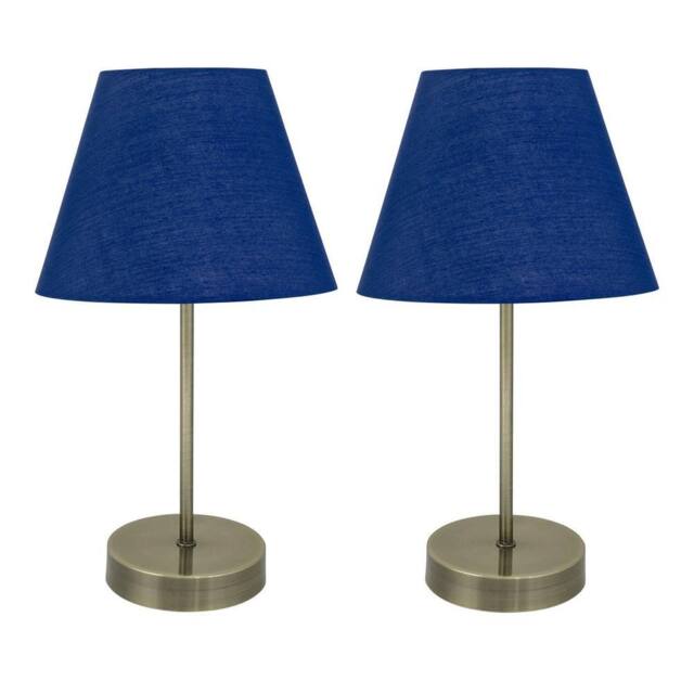 First Choice Lighting Set of 2 Antique Brass Stick Table Lamps with Navy Blue Fabric Shades in Bronze - image 1