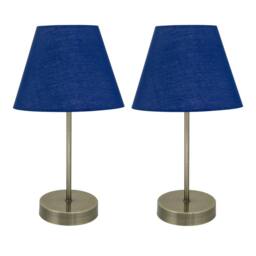 First Choice Lighting Set of 2 Antique Brass Stick Table Lamps with Navy Blue Fabric Shades in Bronze