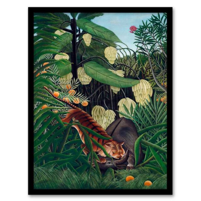Artery8 Henri Rousseau Framed Wall Art Fight between a Tiger & a Buffalo in Green - Size: A4 - image 1