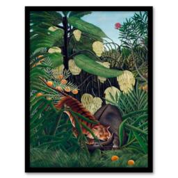 Artery8 Henri Rousseau Framed Wall Art Fight between a Tiger & a Buffalo in Green - Size: A4 - thumbnail 1