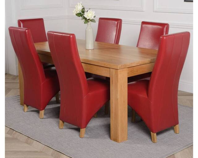 Thats Furniture Dakot 182 x 92cm Oak Large Dining Table & 6 Lola Leather Chairs in Red - Size: 182 x 92 cm - image 1