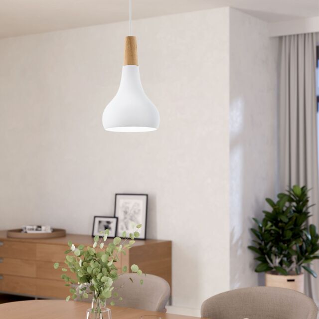Eglo Sabinar Metal & Wood Single Pendant Light in White - image 1