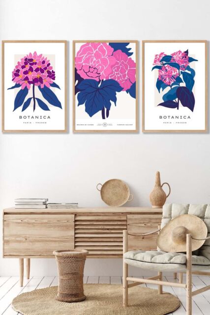 ARTZE Set of 3 Oak Framed Pink & Navy Blue Flower Market Posies Wall Art - Size: W33 cm x H45 cm x D20mm - image 1
