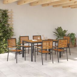 Berkfield Home 7 Piece Garden Dining Set Black Poly Rattan Acacia - thumbnail 4