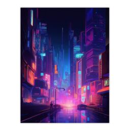 "Artery8 Synthpop City Modern Neon Futuristic Cityscape Blue Purple Extra Large XL Wall Art Poster Print - Size: W24"" x H32""" - thumbnail 1