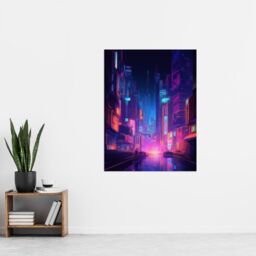 "Artery8 Synthpop City Modern Neon Futuristic Cityscape Blue Purple Extra Large XL Wall Art Poster Print - Size: W24"" x H32""" - thumbnail 4