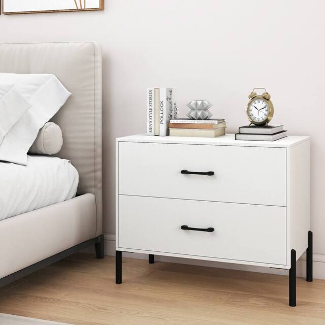 Gymax 2-Drawers Dresser Nightstand With Metal Legs Wooden End Side Table in White - image 1