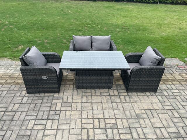 Fimous Wicker PE Rattan Furniture Garden Dining Set Outdoor Patio Height Adjustable Rising lifting Table Love Sofa With Reclining Chair in Dark Grey - image 1