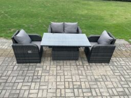 Fimous Wicker PE Rattan Furniture Garden Dining Set Outdoor Patio Height Adjustable Rising lifting Table Love Sofa With Reclining Chair in Dark Grey - thumbnail 2