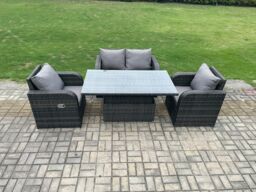 Fimous Wicker PE Rattan Furniture Garden Dining Set Outdoor Patio Height Adjustable Rising lifting Table Love Sofa With Reclining Chair in Dark Grey - thumbnail 1