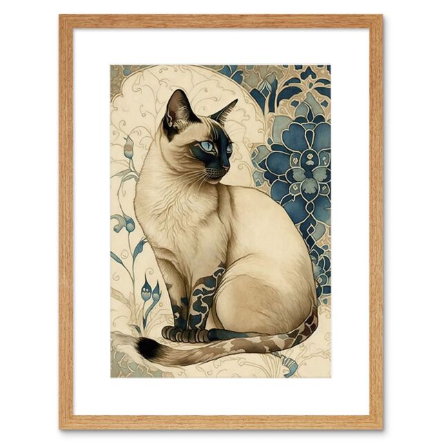 "Artery8 Wall Art Print Siamese Cat with Blue Flower Pattern Modern Art Nouveau Watercolour Artwork Framed 9X7 Inch in Beige - Size: W7"" x H9""" - image 1