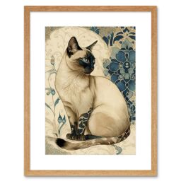 "Artery8 Wall Art Print Siamese Cat with Blue Flower Pattern Modern Art Nouveau Watercolour Artwork Framed 9X7 Inch in Beige - Size: W7"" x H9""" - thumbnail 1
