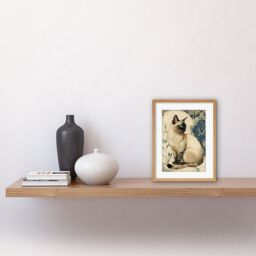 "Artery8 Wall Art Print Siamese Cat with Blue Flower Pattern Modern Art Nouveau Watercolour Artwork Framed 9X7 Inch in Beige - Size: W7"" x H9""" - thumbnail 2