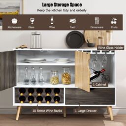Costway Wooden Storage Cabinet Cupboard Buffet Sideboard w/ Wine Rack & Glass Holder - thumbnail 4
