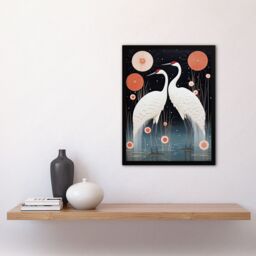 Artery8 Wall Art Print Japanese Cranes Oil Painting Pink Blue White Birds & Abstract Flowers Surreal Lake Landscape at Night Artwork Framed - thumbnail 4