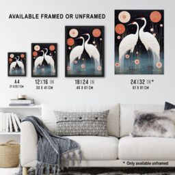 Artery8 Wall Art Print Japanese Cranes Oil Painting Pink Blue White Birds & Abstract Flowers Surreal Lake Landscape at Night Artwork Framed - thumbnail 3