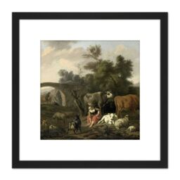 Artery8 Van Bergen Landscape Herdsmen Cattle Painting 8X8 Inch Square Wooden Framed Wall Art Print Picture with Mount in Black - thumbnail 1