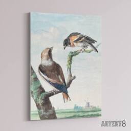 "Artery8 Two Hawfinch Birds in Rural Landscape Schouman Canvas Wall Art Print in Blue - Size: W12"" x H16""" - thumbnail 2