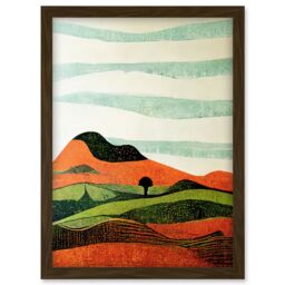 Artery8 Abstract Eclectic Tangerine & Olive Nature Landscape Linocut Illustration Artwork Framed Wall Art Print A4 in Brown - thumbnail 1