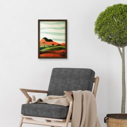 Artery8 Abstract Eclectic Tangerine & Olive Nature Landscape Linocut Illustration Artwork Framed Wall Art Print A4 in Brown - thumbnail 2