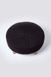 Homescapes Large Round Cotton Knitted Footstool on Legs in Black - thumbnail 3
