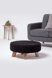 Homescapes Large Round Cotton Knitted Footstool on Legs in Black - thumbnail 2