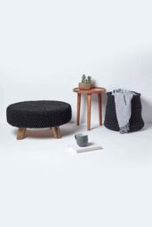 Homescapes Large Round Cotton Knitted Footstool on Legs in Black - thumbnail 6