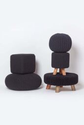Homescapes Large Round Cotton Knitted Footstool on Legs in Black - thumbnail 5